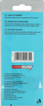 Tył jasnoniebieskiego opakowania cążek do paznokci Rossmann z kodem kreskowym i informacjami o produkcie.