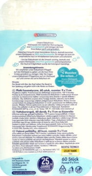 Tył opakowania płatków kosmetycznych Babydream, 60 sztuk, z niemieckim opisem i logo 25 lat.