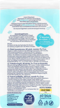 Tył opakowania płatków kosmetycznych Babydream ze 100% bawełny, 60 sztuk, 9x11cm, z opisami i symbolami.