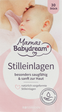 Opakowanie Mamas Babydream Stilleinlagen, 30 sztuk. Różowo-białe, z wizerunkiem matki i dziecka, chłonne i delikatne dla skóry.