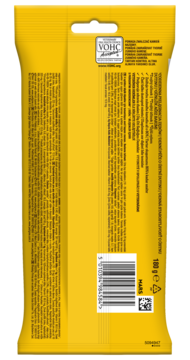 Pedigree Dentastix Daily Oral Care 180g, tył żółtego opakowania z tekstem informacyjnym i kodem kreskowym.