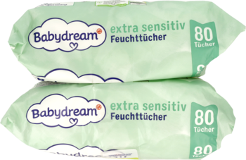 Dwie jasnozielone paczki nawilżanych chusteczek Babydream extra sensitiv 80 sztuk, ułożone.