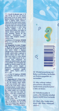 Tył opakowania pieluszek do pływania Babydream Small (4-9 kg), 12 szt., z seahorse i kodem kreskowym, ostrzeżenia.