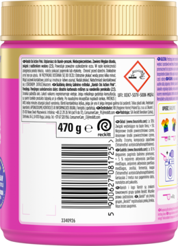 Vanish Oxi Action Pink odplamiacz, tył opakowania, różowy proszek 470g, biała etykieta z tekstem i kodem kreskowym.