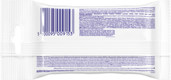 Tył opakowania nawilżanych chusteczek Cleanic Antibacterial. Biała folia z fioletowym kodem kreskowym i tekstem informacyjnym.