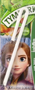 Tymbark Sok jabłkowy 100% z Anną z Krainy Lodu II i białą słomką. Widok z przodu górnej części kartonu.