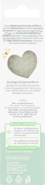 Tył eko-opakowania: grzebień i szczotka dla niemowląt z 50% słomy pszennej i 50% recyklingowanego plastiku.