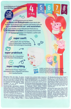 Tył opakowania pieluchomajtek Babydream Pants Maxi 9-15 kg Peppa Pig, 12h suchości, niebiesko-zielone.