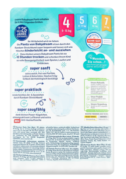 Tył opakowania pieluchomajtek Babydream Maxi 9-15kg, 22szt. Info o 12h ochronie, delikatności i chłonności.