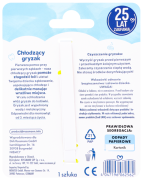 Tył opakowania chłodzącego gryzaka Rossmann, biało-niebieski, z informacjami o produkcie, symbolami recyklingu i kodem kreskowym.