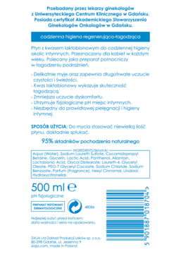 Tył białej butelki płynu do higieny intymnej 500ml z kwasem laktobionowym, widoczny kod kreskowy.