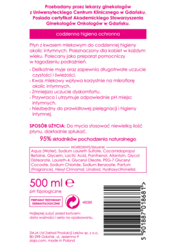 Tył białej butelki płynu do higieny intymnej 500 ml z kwasem mlekowym, widoczny polski tekst i kod kreskowy.