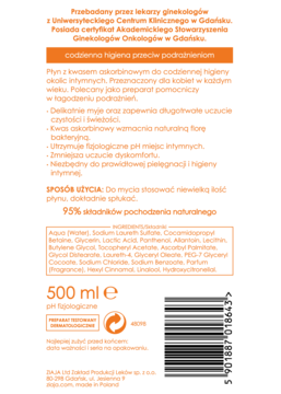 Tył białej butelki płynu do higieny intymnej z kwasem askorbinowym 500 ml, widoczna etykieta ze składem i kodem EAN.