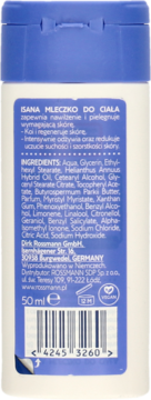 Tył opakowania Isana mleczka do ciała 50ml, białej butelki z niebieską etykietą. Widoczny skład, kod kreskowy i logo.