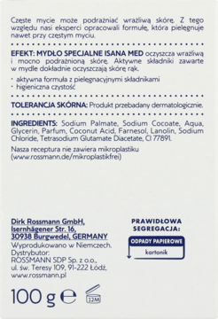 Tył białego opakowania mydła w kostce ISANA MED, z listą składników i informacjami o natłuszczającym działaniu.