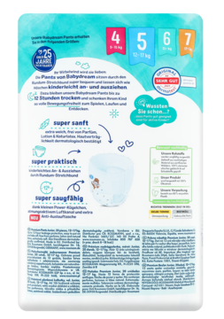 Tył opakowania Pieluchomajtek Babydream Junior, rozm. 5 (12-17kg), z opisem cech i obietnicą 12h ochrony.