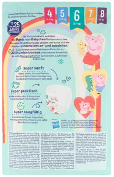 Tył opakowania pieluchomajtek Babydream XL Peppa Pig, super chłonne, 12h suchości, delikatne, rozmiary 4-8.
