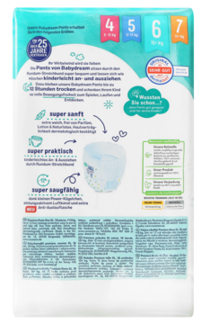 Tył białego opakowania pieluchomajtek Babydream XL (15+ kg) z niemieckimi opisami i niebieskimi detalami.