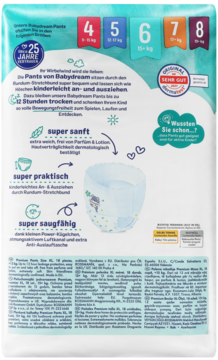 Tył opakowania pieluchomajtek Babydream XL, białe z grafikami, z opisem cech: super chłonne i delikatne.