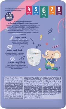 Tył opakowania pieluchomajtek Babydream XL, 18 sztuk, 15+ kg. Fioletowe, ze słoniem na deskorolce.
