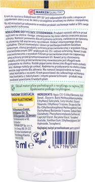 Tył tubki wodoodpornego kremu Babydream Extra Sensitive SPF 50, z listą składników i kodem kreskowym.