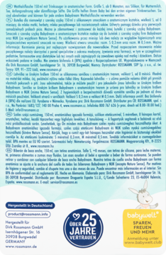 Tył opakowania mleka dla niemowląt babywell Rossmann, z tekstem informacyjnym i rysunkiem osiołka.