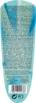 Tył opakowania damskich maszynek do golenia BIC Soleil Bella (3 sztuki), niebieskie, z opisem i kodem kreskowym.