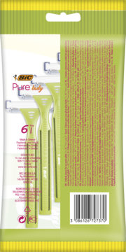 Tył zielono-żółtego opakowania maszynek do golenia BIC Pure3 Lady 6 sztuk, z kodem kreskowym i drobnym drukiem.