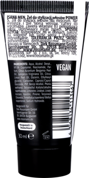 Tył czarnej tubki żelu do włosów Isana Men Power 30 ml z listą składników, napisem VEGAN i kodem kreskowym.