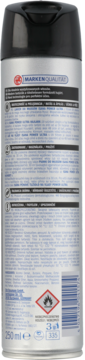 Tył srebrnego lakieru do włosów Isana Power Ultra 250ml, etykieta z opisem, składem i symbolem ostrzegawczym płomienia.
