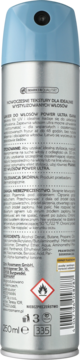 Tył lakieru Isana Power Ultra 250ml do włosów, srebrna puszka z niebieskim aplikatorem, widoczny skład i symbol.