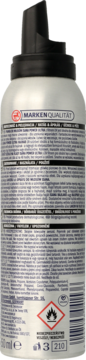Tył srebrnej pianki do włosów ISANA Power Ultra 50ml, z nadrukowanymi instrukcjami, logo jakości i symbolami ostrzegawczymi.