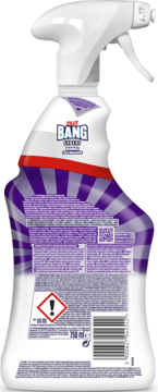 Tył butelki Cillit Bang Expert Czystość i Higiena, 750ml, fioletowo-biała etykieta z ostrzeżeniem.