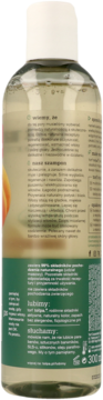 Tył przezroczystej butelki micelarnego szamponu Tołpa 300ml, z zieloną etykietą i opisem pielęgnacyjnym.