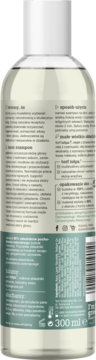 Tył szamponu Tołpa dla wrażliwej skóry głowy w przezroczystej butelce 300ml, etykieta biało-zielona z opisem.