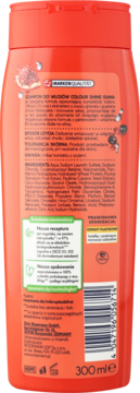 Tył pomarańczowego szamponu Isana Colour Shine 300ml do włosów farbowanych z filtrem UV, granatem i składem.