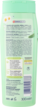 Tył zielonego szamponu ISANA Herbal do włosów normalnych i przetłuszczających się, z listą składników.