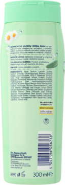 Szampon ISANA Herbal dla włosów normalnych, zielona butelka, tył z listą składników i kodem.