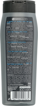 Tył opakowania szamponu Isana Men Fresh Power 300ml, szarej butelki z czarną nakrętką, widoczne etykiety z informacjami.
