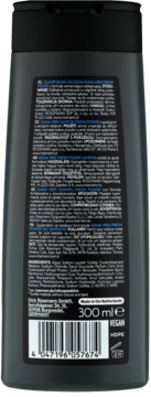 Tył ciemnoszarego szamponu Isana Men Extra Power, 300 ml, widoczna lista składników i opis.