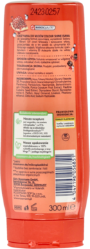 Tył pomarańczowej butelki odżywki Isana Colour Shine 300ml, z polskim opisem składników i kodem EAN.