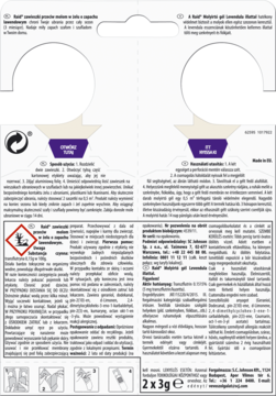 Tył opakowania Raid zawieszek przeciw molom w żelu lawendowym, widoczne instrukcje i oznaczenia bezpieczeństwa, 2x3g.
