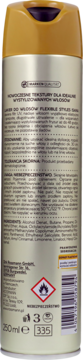 Tył butelki lakieru Isana Flexible Styles. Złoty spray z pełnym składem, ostrzeżeniami i ikoną łatwopalności.