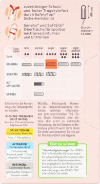 Tył opakowania tamponów Facelle Super z tabelą chłonności, tekstem niemieckim i informacjami o utylizacji.