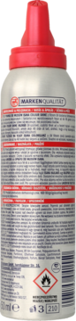 Tył opakowania pianki do włosów ISANA Colour Shine 150ml z czerwoną nakrętką, widoczne etykiety z opisem i symbolami ostrzegawczymi.