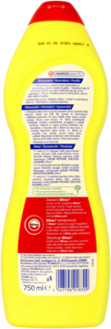 Tył żółtej butelki Domol mleczka do czyszczenia cytrynowego 750 ml, z etykietą i kodem.