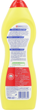 Tył żółtej, ergonomicznej butelki Domol mleczka cytrynowego 750ml, nie rysującego powierzchni, z etykietą i kodem.