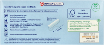 Tył niebieskiego opakowania Facelle Tampons super 16 szt., z opisem i logotypami certyfikatów.