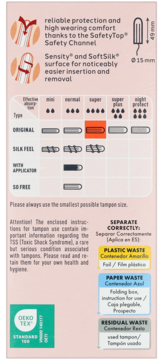 Tył opakowania tamponów Facelle Super: różowe tło, tabela absorpcji z wyróżnionym rozmiarem super, instrukcje i wymiary.