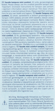 Widok na wielojęzyczne instrukcje użycia tamponów facelle mini comfort, 32 szt., z ostrzeżeniem o TSS.